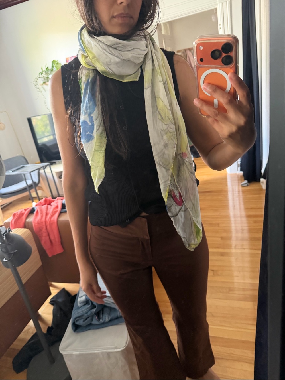 Wilfred 100% SILK Floral Lightweight Scarf in White, Blue & Green